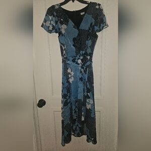 DKNY High Low Dress with Floral Pattern in Blue and Black